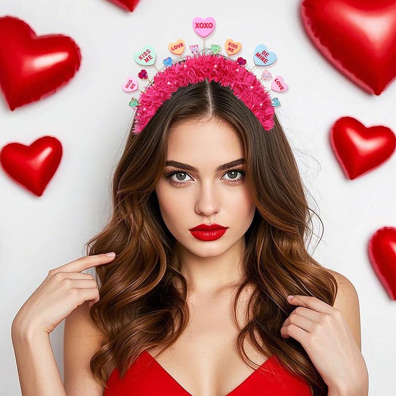 BVGA Valentines Headbands for Women Hot Pink Tinsel Wrapped Headpiece Heart Rhinestone Hairband Valentines Gifts for Her - Image 3
